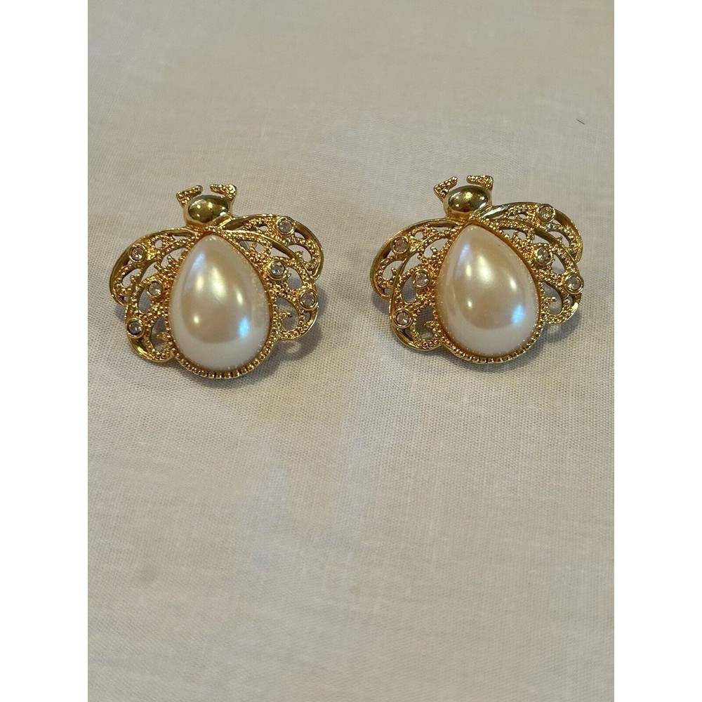 VTG 1995 Avon Faux Pearl Gold Tone Rhinestone Bug Beetle Scarab Pierced …